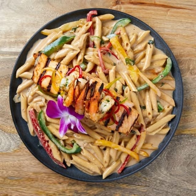 Rasta Pasta w/ Shrimp & Salmon.