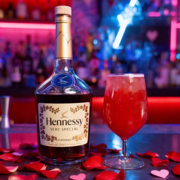Hennessy bottle and red cocktail on a bar with rose petals and neon lights.