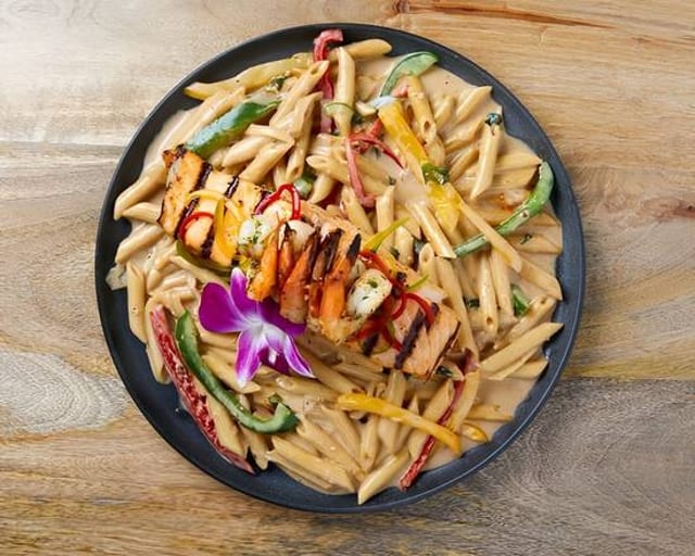 Rasta Pasta with Salmon & Shrimp.
