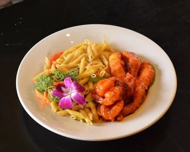 Rasta Pasta with Shrimp & Chicken Tenders.