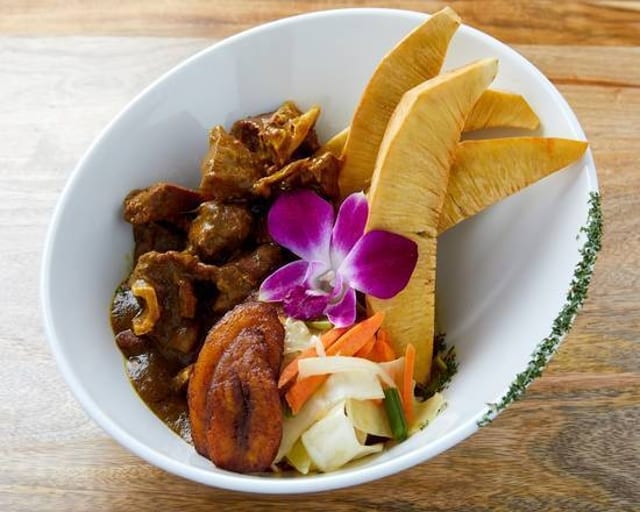 Breadfruit with Curry Goat.
