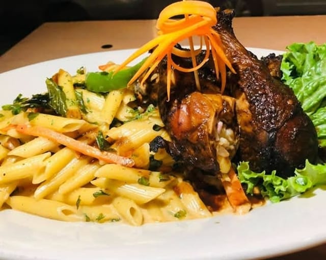 Rasta Pasta with Jerk Chicken (Leg & Thigh Only).