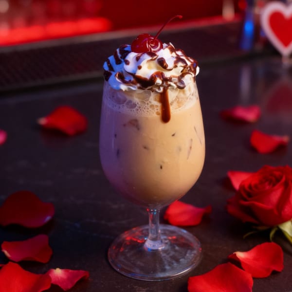 Iced coffee with whipped cream, chocolate drizzle, and a cherry, surrounded by red rose petals.