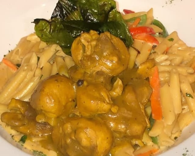 Rasta Pasta with Curry Chicken.