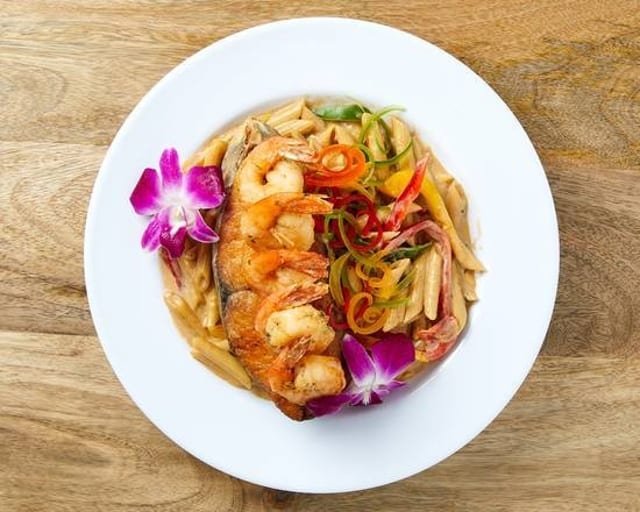 Rasta Pasta with King Fish & Shrimp.