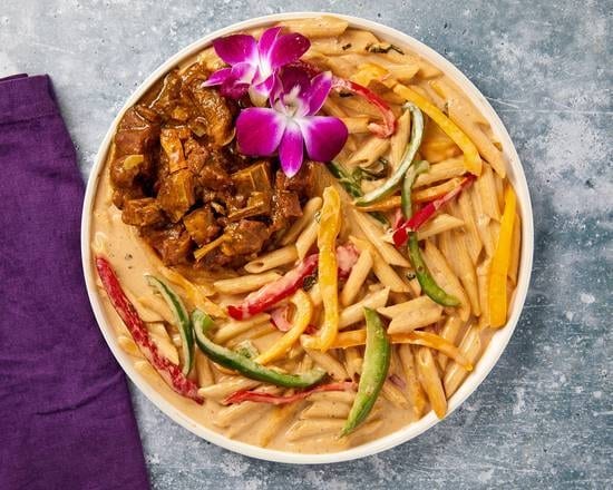 Rasta Pasta with Curry Goat.