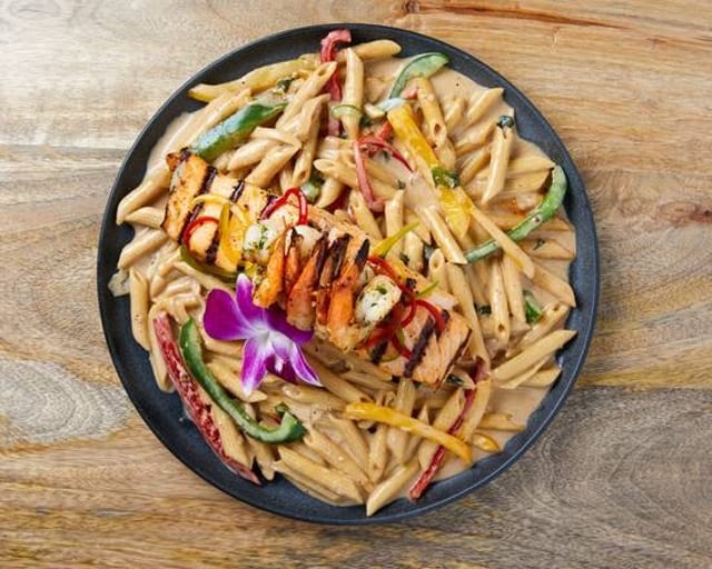 Rasta Pasta Salmon Filet & Shrimp.