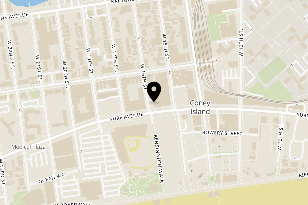 Map showing the location of Footprints Cafe Surf Ave on 1521 Surf Ave in Brooklyn