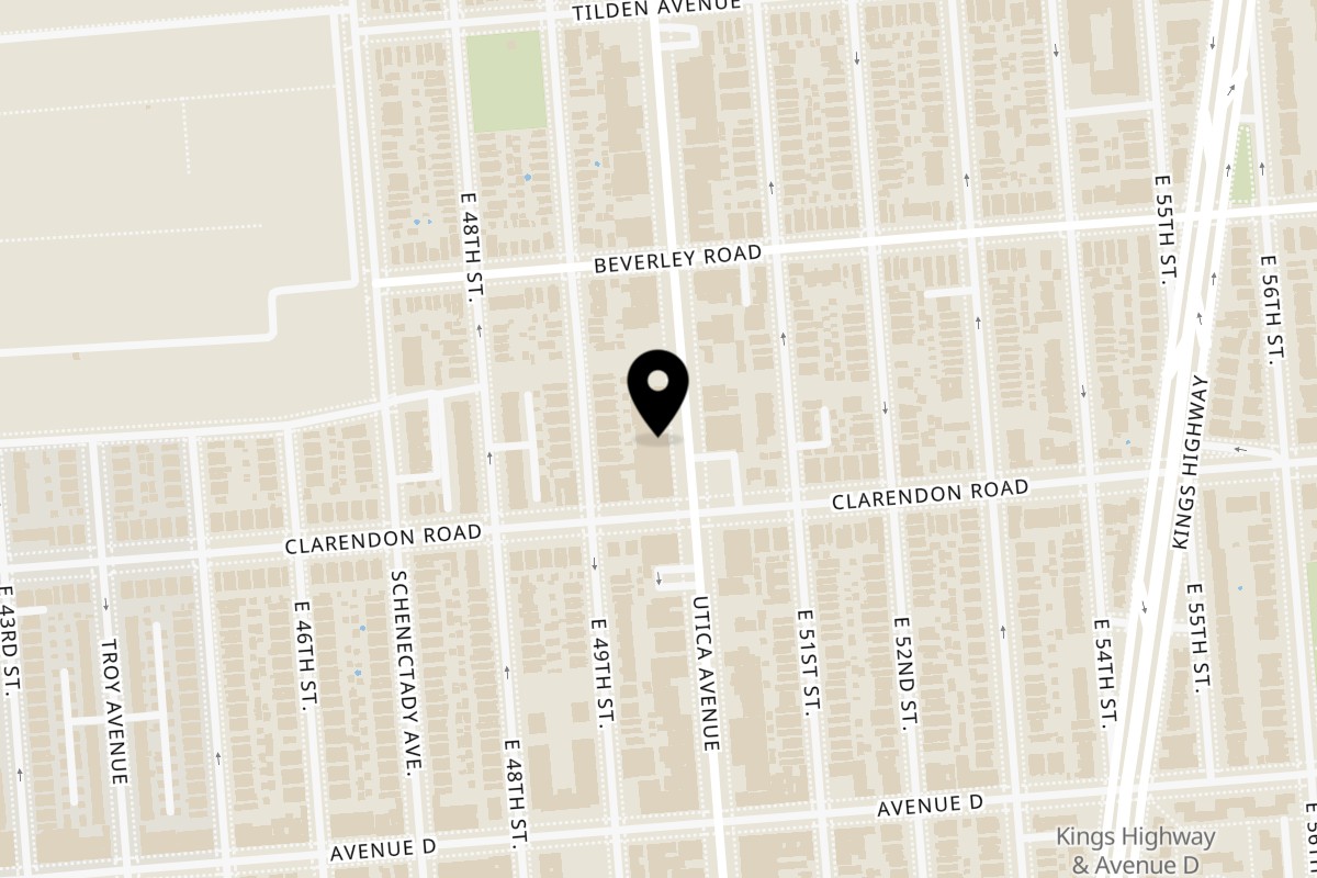 Map showing the location of Footprints Cafe Utica Ave on 1140 Utica Ave in Brooklyn